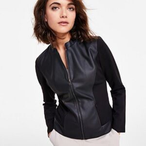 Alfani Women's Black Faux Leather & Ponte Knit Moto Jacket 2x